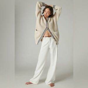 Lucky Brand Women's Medium Straw Heather Textured Stripe Varsity Sweater